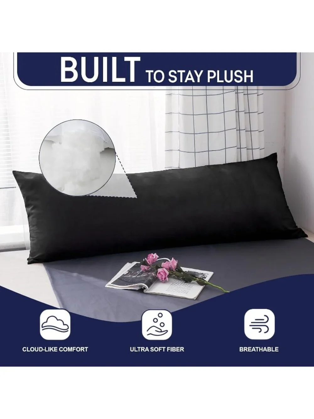 〽️Large Body Insert Breathable Full Body Pillow Long Bed Pillow Black 20x54